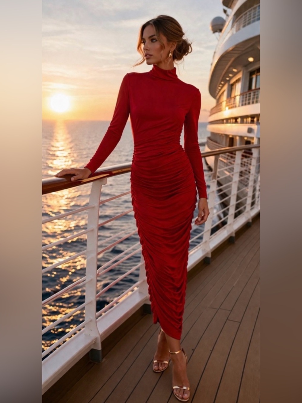 OYS Ruched Long Sleeve Dress Red Medium NWT